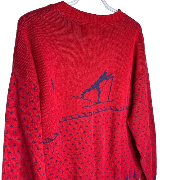 Vintage 80s Winona Knits Skiing Sweater XL Red Made in USA Preppy Crew Neck - Picture 5 of 5